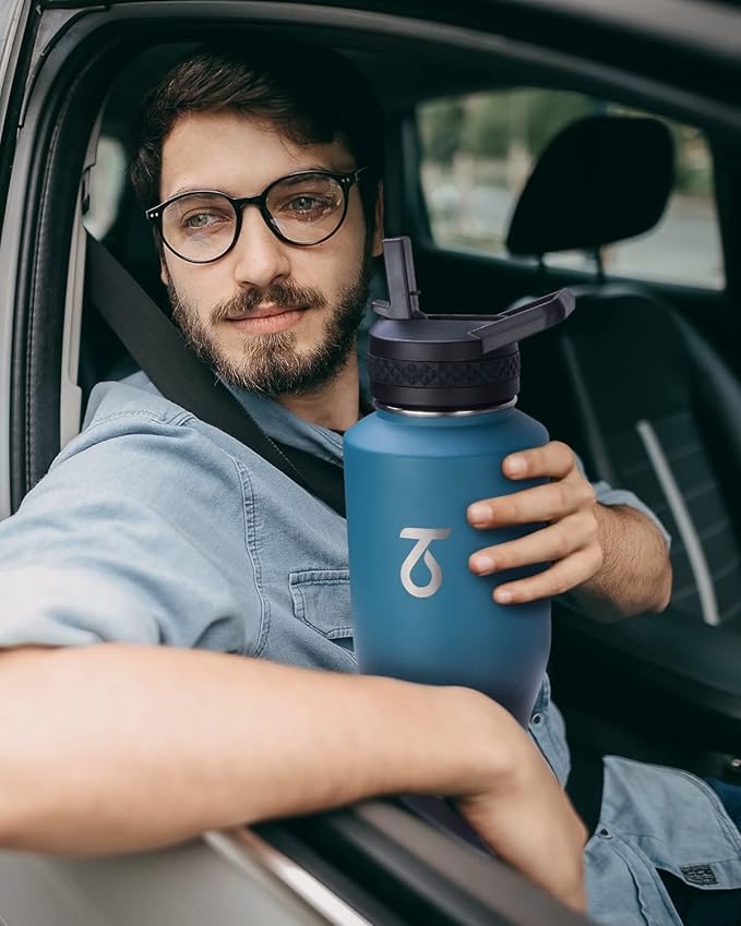 Trebo 40 oz Water Bottle Insulated Fit in Any Car Cup Holder with 2 Lids | Stainless Steel T-shape Tumbler with Paracord Handle, Triple Wall Vacuum Copper Plated, Cold 48 Hrs for Travel, Wide Mouth