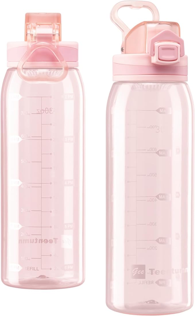 Water Bottle BPA Free Tritan with Time Markers, 30oz Large Durable Gym Plastic Bottle for Fitness, Outdoor Enthusiasts, Leakproof Clear Pink (Pack of 1)