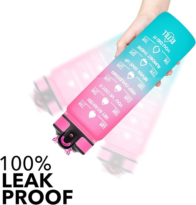 Hyeta Water Bottle with Straw & Time Marker, Plastic 32oz Leakproof | Motivational Tritan BPA Free Gym Office Outdoor Intake Tracker Hourly Reminder Straw Lid Carry Strap