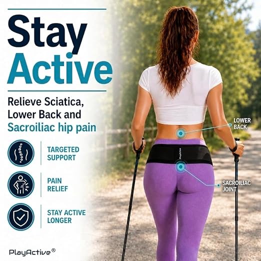 PlayActive Sacroiliac SI Joint Hip Belt - Sciatica Belt and Lower Back Support Brace for Women and Men - Hip Braces for Hip Pain - Pelvic Support Belt, Trochanter Belt for Pain Relief (Regular/Black)