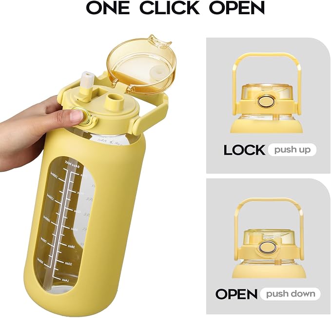 chunmo 74 oz Glass Water Bolttles with Straw Large Motivational Water Bottle with Time Marker Sports Water Bottles with Silicone Sleeve and Handle Lid 2.2L Water Jug for Gym Workout