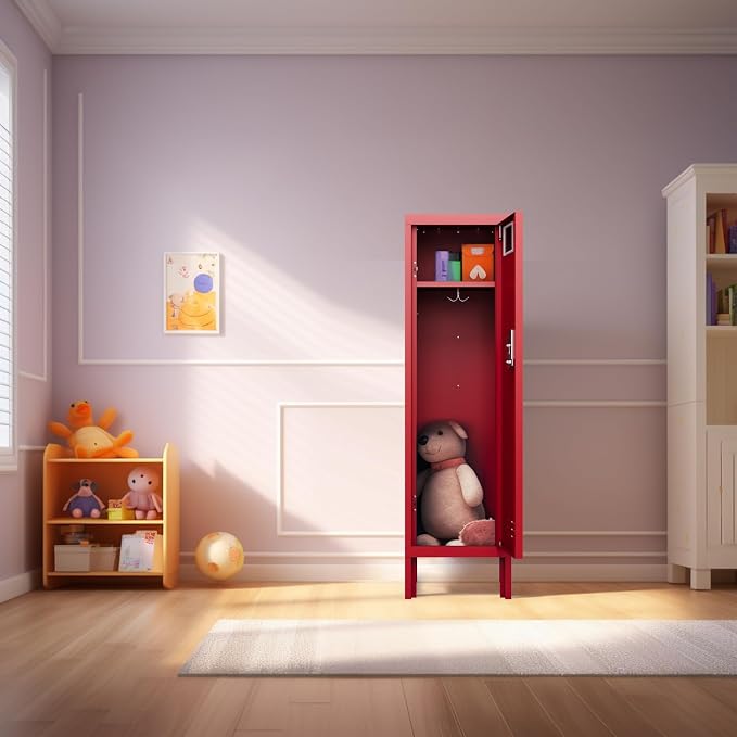 BUTISOW Metal Storage Locker with Lock & Card Slot Locker - Secure Lockable Door - Steel Locker for School, Office, Gym, Home - 54" H x 15" W x 15" D（1 Door, Red）