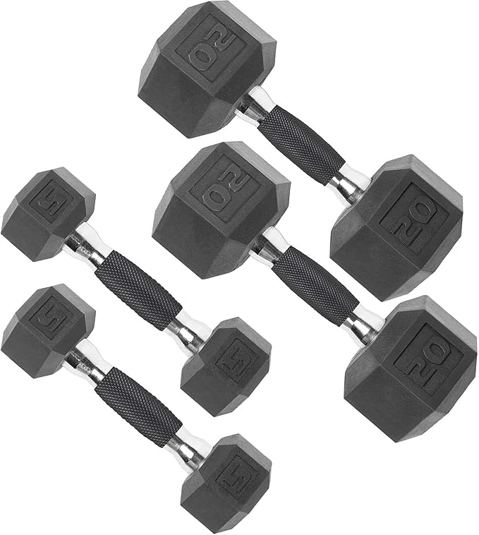 CAP Rubber Coated Dumbbell Weights, Free Weights for Home Gym Strength Training, Anti-Roll Hex Dumbbells with Black, Chrome & Comfort Grip Handles, Pairs & Sets