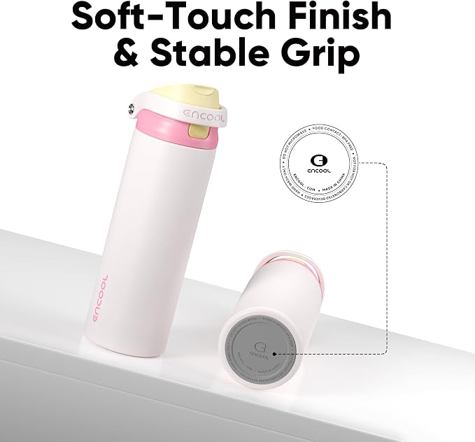 ENCOOL Leakproof Insulated Water Bottle with Straw Dual-Sip Water Bottle Bag-Safe Design for Work, Commute & Gym – Keeps Drinks Cold All Day, 24 oz, Butter Rose