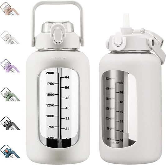84oz Glass Water Bottle with Straw, 2.5 Liter Large Water Bottle with Silicone Sleeve and OZ Marker, Wide Mouth Gallon Glass Bottle with 2-in-1 Lid, Leakproof Water Jug for Gym Home, White