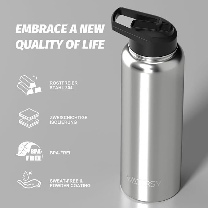 40oz Insulated Water Bottle (Cold for 48 Hrs),BPA Free&Leak Proof,Stainless Steel Water Flask,Water Jug with Straw Spout Lids for Gym,Hiking,Travel,Stainless