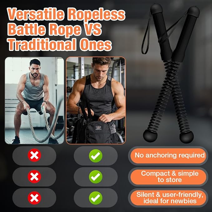 2PCS Ropeless Battle Ropes, Weighted Cordless Battle Ropes for Home Gym, Portable Silent Workout Rope Fitness Equipment for Full Body Toning, Low-Impact Workout, Strength & HIIT, Black