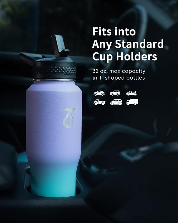 Trebo 32 oz Water Bottle Insulated Fits in Any Car Cup Holder with 2 Lids | Stainless Steel T-shape Tumbler with Paracord Handle, Triple Wall Vacuum Copper Plated, Cold 48 Hrs for Travel, Leakproof