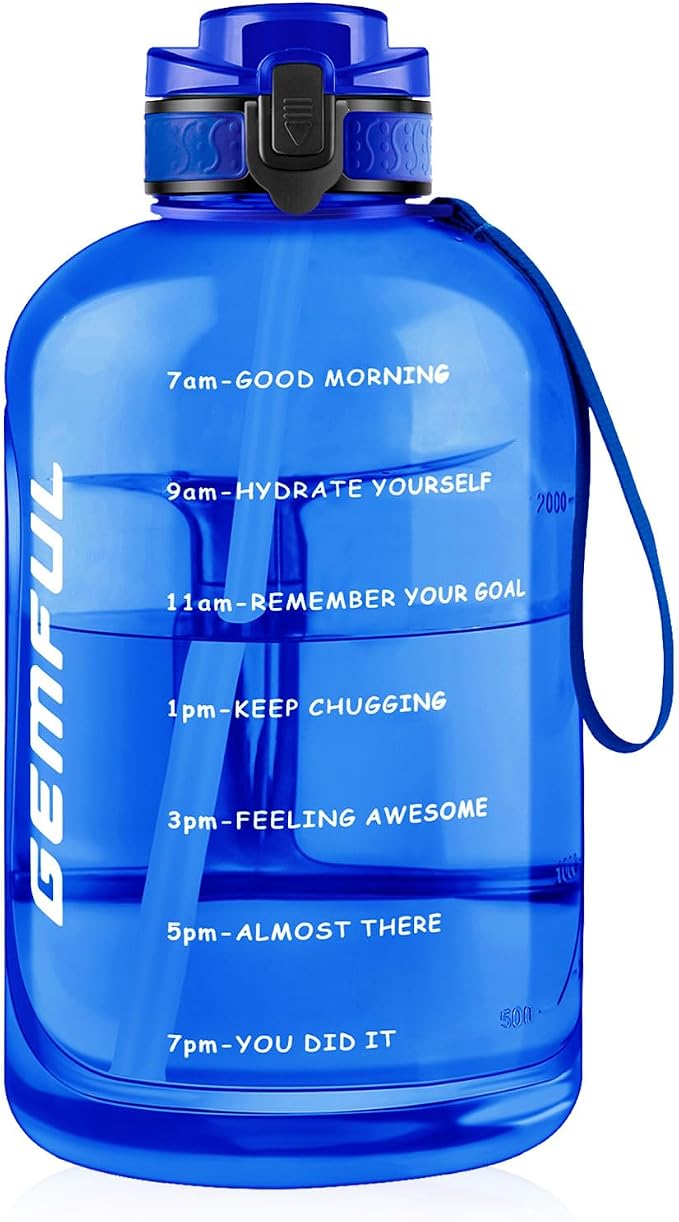 GEMFUL 3L Water Bottle with Straw & Handle BPA-Free Gym Jug (Royal Blue) | Leak-proof, 100oz Large Capacity, Time Marker Tracks Daily Intake, Wide Mouth, for Hiking, Office, Sport, Fitness