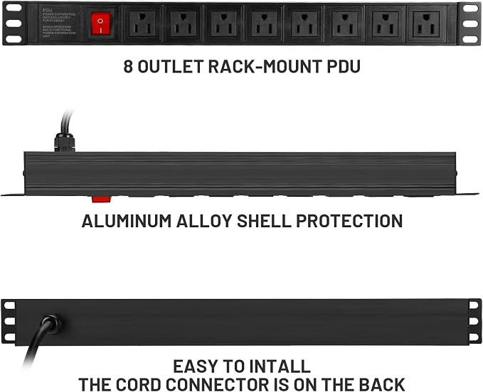 BTU 2PCS Power Strip Surge Protector Rack-Mount PDU, 8 Right Angle Outlets Wide-Spaced, Mountable Power Strip Heavy Duty for Server Racks, Commercial, 300J (Black 6FT)
