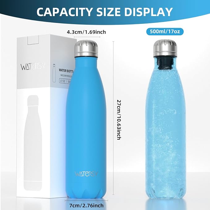 WATERSY Stainless Steel water bottles,17oz/500ml Insulated Water Bottle | Blue metal water bottle Keeps Drink Cold and Hot,BPA Free kids water bottles for School,Gym,Travel,Sports