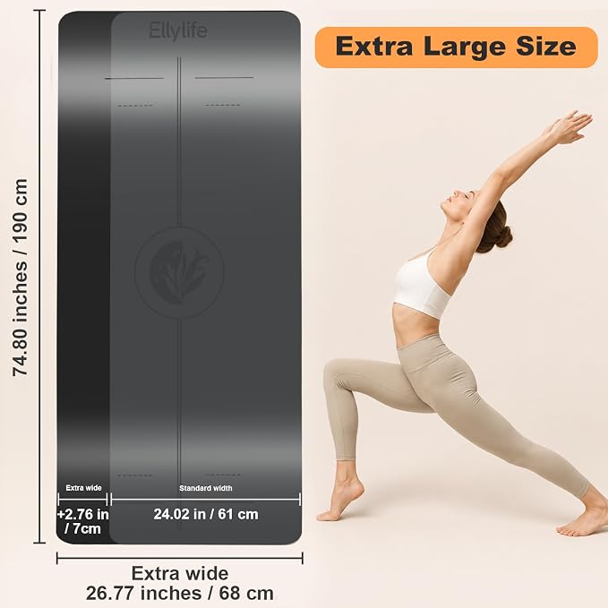 Yoga Mat - Non Slip Natural Rubber Yoga Mat, Alignment Lines, Ultimate Grip | Anti-Tear, Durable & Thick 5mm, Skin-Friendly with Free Carry Strap, Bag, for Yoga, Pilates Fitness and Floor Exercises