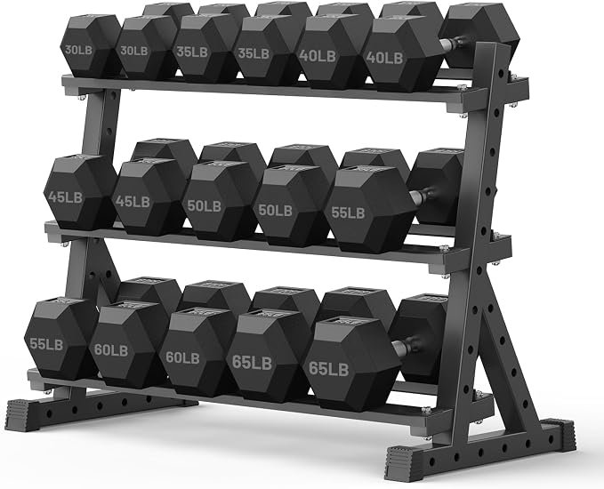 PAPABABE Dumbbell Set with Rack Dumbbells Rubber Encased Home Gym | PAPABABE Complete & Durable Cast Iron Core Odorless PVC Antiroll Hex Shape Ergonomic Chrome Handle Versatile Home Gym