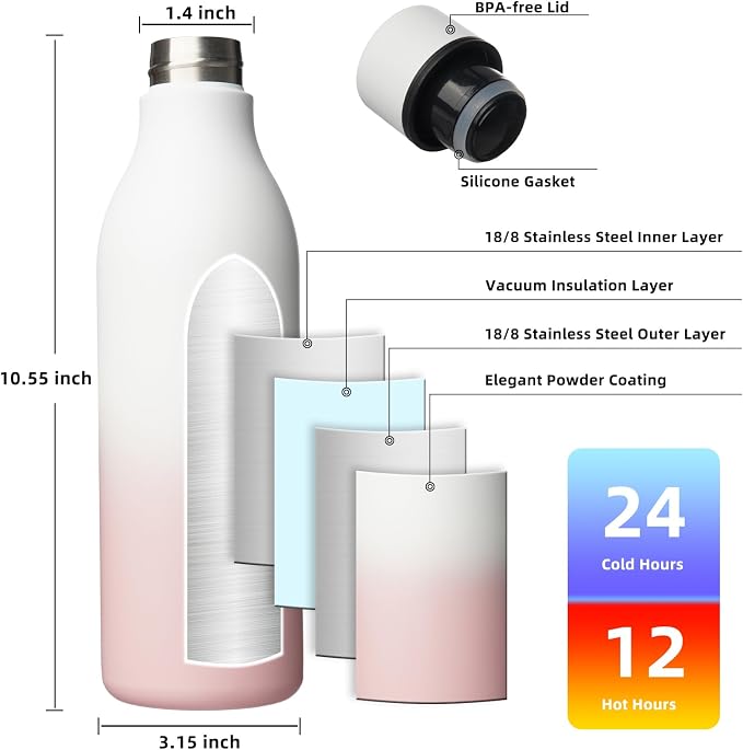 BJPKPK 25oz Insulated Water Bottle, Stainless Steel Bottle with Carry Strap | Keep Cold & Hot Vacuum Insulation, Leak-Proof BPA-Free Design, Slim Bottle Fits Most Cup Holders for Gym, Office & Travel