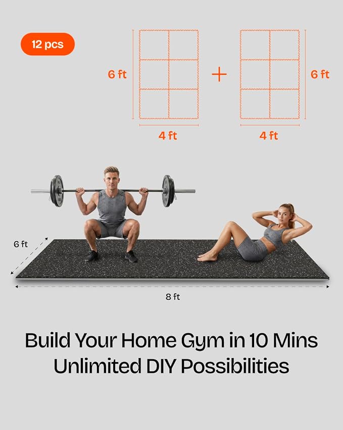 0.6" Thick 48 Sq Ft Rubber Top Gym Flooring Mats for Home Gym | Dual-layer Rubber & HD EVA, NO Warping, 12 Tiles, Supports Heavy Weight, Noise Reduction, Ideal For Crossfit & Dumbbells