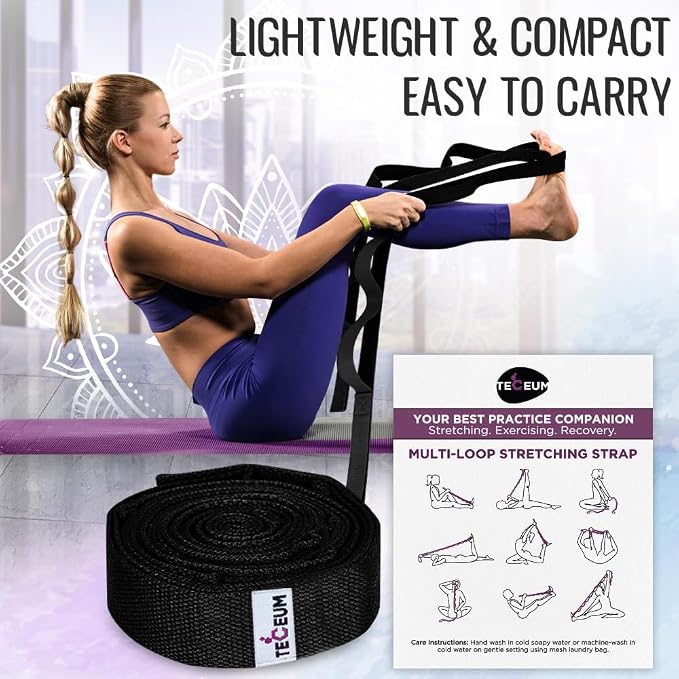 TECEUM Stretching Strap with 10 Loops for Physical Therapy & Rehab | Non-Elastic Yoga Stretch Band for Hamstring, Leg, Hip & Knee Rehab, Pilates, Flexibility & Mobility Exercises for Men & Women