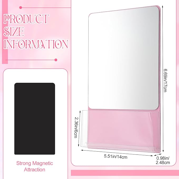 Cinnvoice 1 Pcs Magnetic Locker Mirror 6.69 x 5.51 Small Real Glass Mirror with Organizer Holder Bag and Magnet Backing Safe Pink Locker Accessory for School Cabinet Office Bathroom Gym Refrigerator