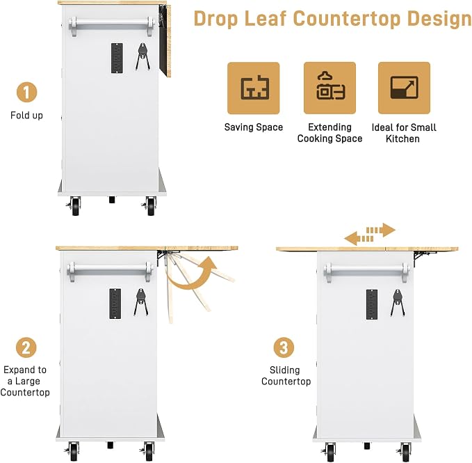 Hlivelood 55" Movable Kitchen Island with Drop Leaf and Power Outlet, Rolling Island Cart w/Storage Cabinet, Island Table on Wheels for Kitchen w/2 Drawers, Spice Rack, Towel Bar, Garage Hook, White