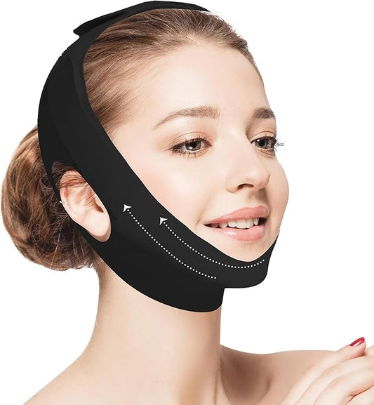 Jawline Shaper Chin Strap for Sleeping, Reusable V-Line Mask for Women Face Lifting Made w/Electric-Hot-Press Tech for Skin-Friendly & Breathable Cooling Fabric (Pure Black, One Size)