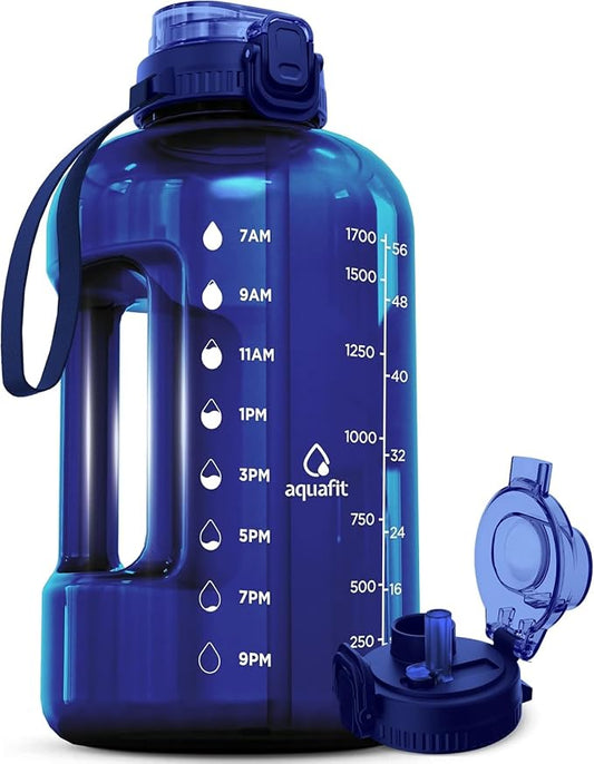 AQUAFIT 64 oz Water Bottle with Time Marker, 2in1 Lid | BPA Free Half Gallon Water Bottle with 2in1 Straw and Chug Lid - Leakproof Gym Water Bottle with Carry Handle (Blue)