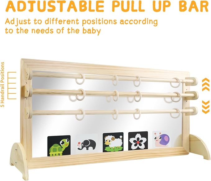 Montessori Mirror with Bar, Adjustable Wood Baby Pull Up Bar, Floor & Wall Shatterproof Safety Infant Coordination Montessori Furniture, for Home, Daycare, or Preschool