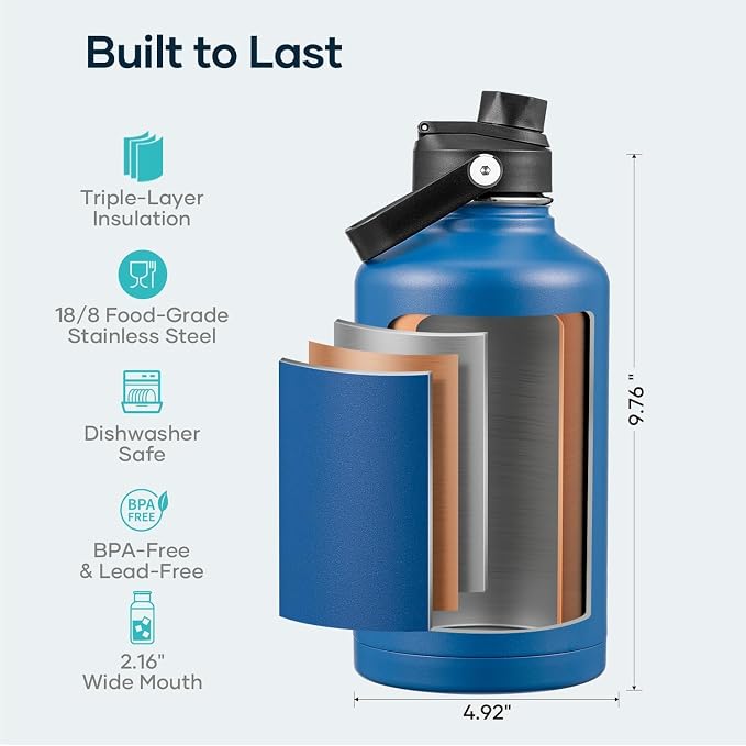 BUZIO Vacuum Insulated Stainless Steel Water Bottle (Cold for 48 Hrs/Hot for 24 Hrs), 64oz Double Walled Wide Mouth Sports Drink Flask with BPA Free Straw Lid and Flex Cap, Cobalt | Half Gallon Water Jug (Dishwasher Safe), Cold for 48 Hrs, Triple Wall ...