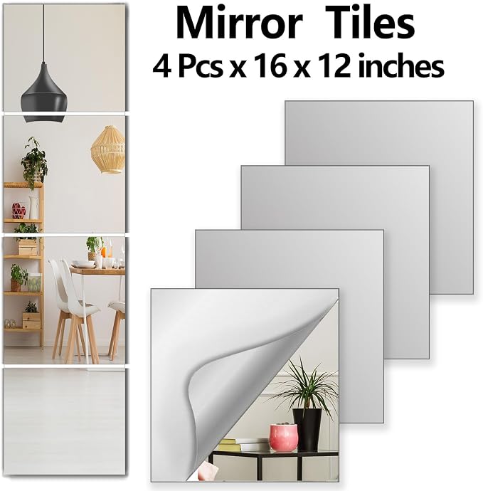 Shatterproof Wall Mirror Full Length for Bedroom, Acrylic Gym Mirrors For Home, Extra Thick : 0.12 Inch, 4 PCS x 16 x 12 Inches, Workout Mirrors Safe for Kids, Over The Door, Long Wall Mounted Mirror