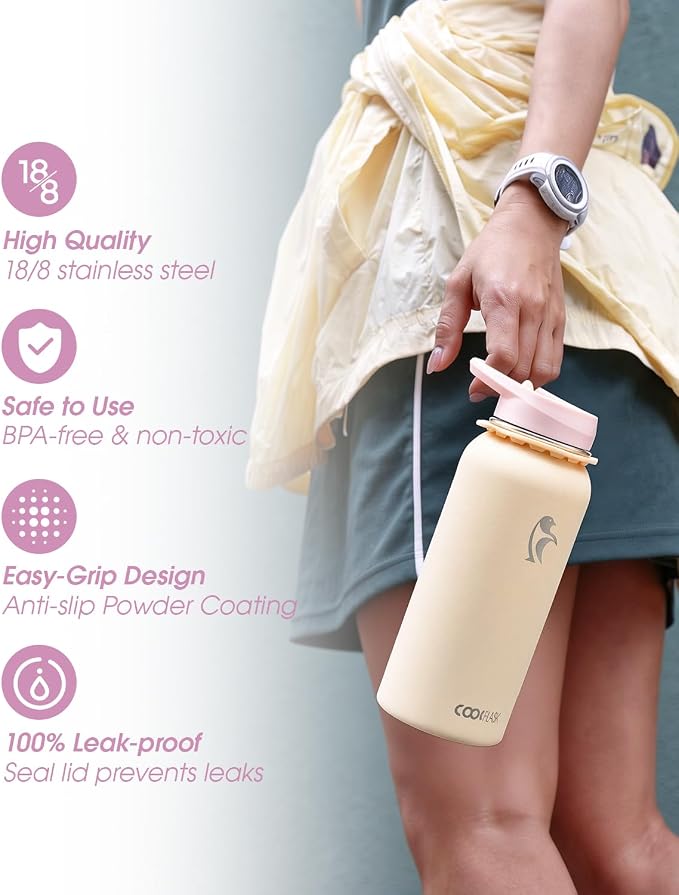 Coolflask 32 oz Water Bottle Insulated Stainless Steel with Strap | Metal Water Flask with Straw & Spout Lids, Triple-Wall, Cold 48+h, Dishwasher Safe, Leakproof, BPA-Free, for Gym & Hiking