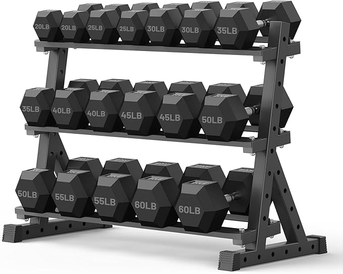 PAPABABE Dumbbell Set with Rack Dumbbells Rubber Encased Home Gym | PAPABABE Complete & Durable Cast Iron Core Odorless PVC Antiroll Hex Shape Ergonomic Chrome Handle Versatile Home Gym