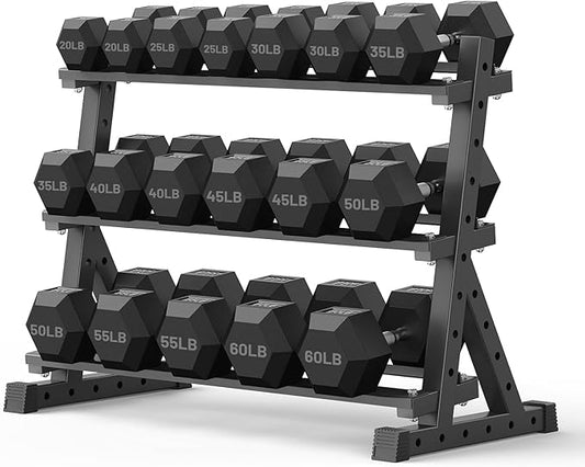PAPABABE Dumbbell Set with Rack Dumbbells Rubber Encased Home Gym | PAPABABE Complete & Durable Cast Iron Core Odorless PVC Antiroll Hex Shape Ergonomic Chrome Handle Versatile Home Gym