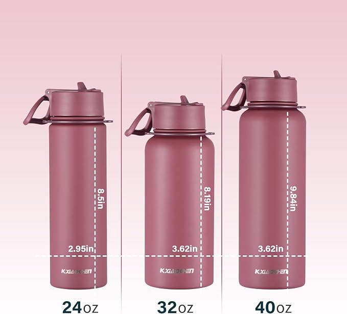 KXIAOCHEN Insulated Water Bottle with Strap, 48-Hour Cold, 2 Lids | Triple-wall insulation, lead-free 18/8 Stainless steel, paracord handle, carabiner clip, for gym, hiking, camping and travel