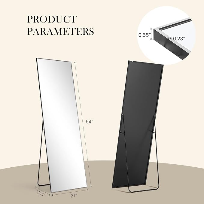 DUMOS 64"x21" Full Length Mirror, Full Body Mirror, Black | Aluminum Alloy Thin Frame, Leaning or Hanging, Suitable for Bedroom, Livingroom, Cloakroom