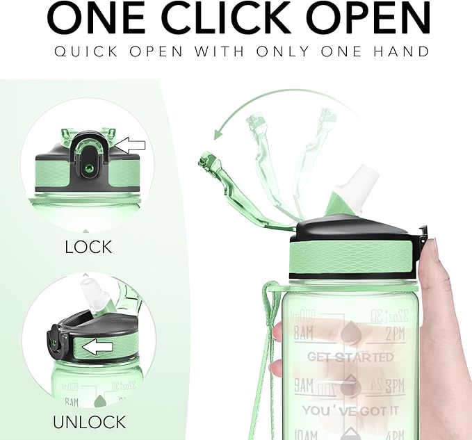 Hyeta Water Bottle with Straw & Time Marker, Plastic 32oz Leakproof | Motivational Tritan BPA Free Gym Office Outdoor Intake Tracker Hourly Reminder Straw Lid Carry Strap