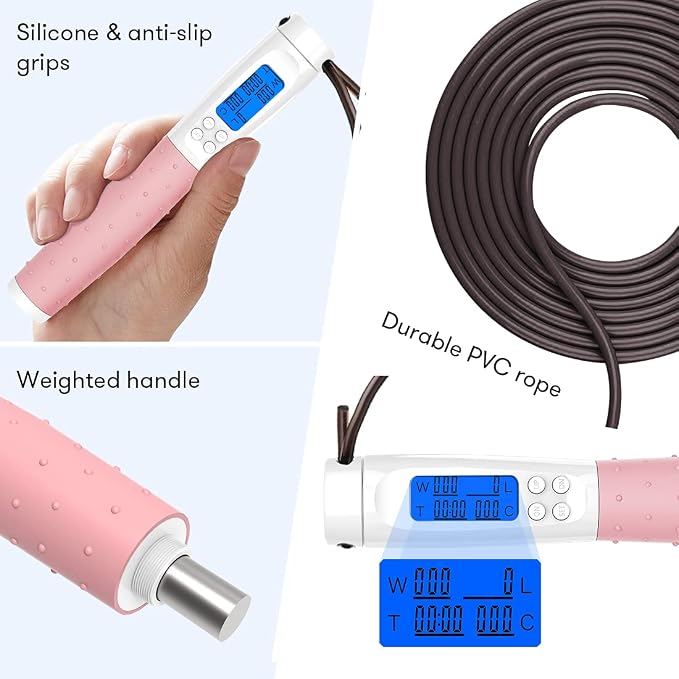 Jump Rope, Weighted Jump Rope for Fitness, Skipping Rope with Counter - Heavy Handles, Adjustable Length - Cordless Jumping Rope for Men Women Kids Fitness Exercise Training