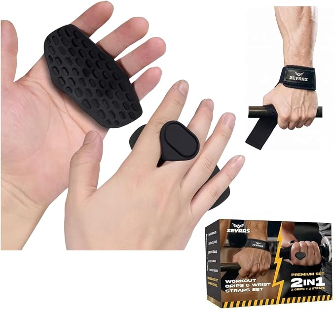 Workout Grips & Wrist Straps Set - Anti-Slip Silicone Hand Grips + Lifting Straps for Gym, Weightlifting, Pull-Ups, Deadlifts - Gloves Alternative (2 Grips + 2 Straps + Carry Case)