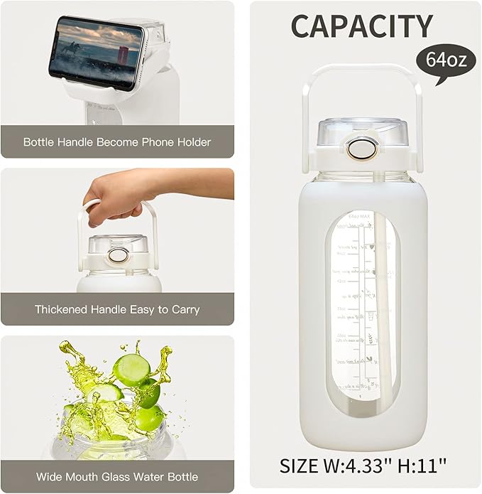 chunmo 64oz Glass Water Bolttles with Straw Half Gallon Large Motivational Water Bottle with Time Marker Sports Water Bottles with Silicone Sleeve and Handle Lid Water Jug for Gym Workout