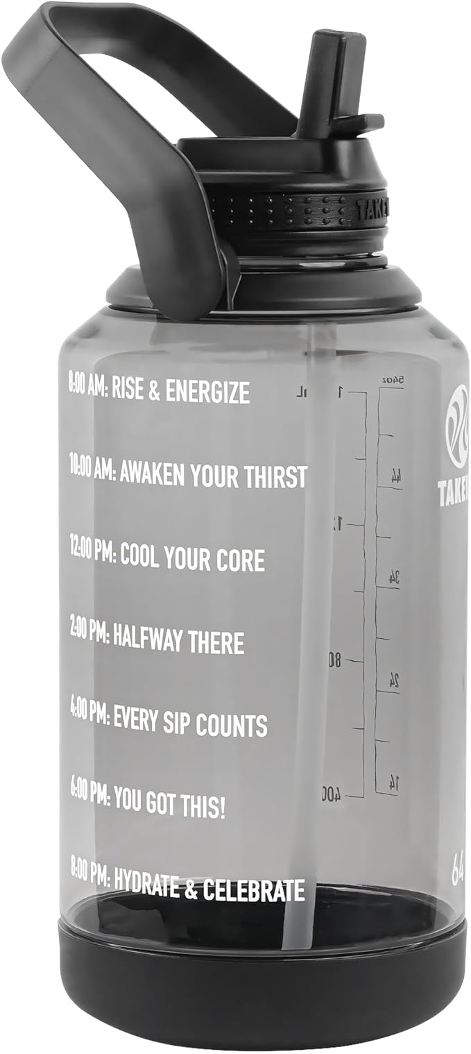 Takeya Motivational Water Bottle with Straw Lid and Time Marker (64 oz, Stormy Black) - Leakproof, BPA Free Water Bottle for Daily Intake Tracking