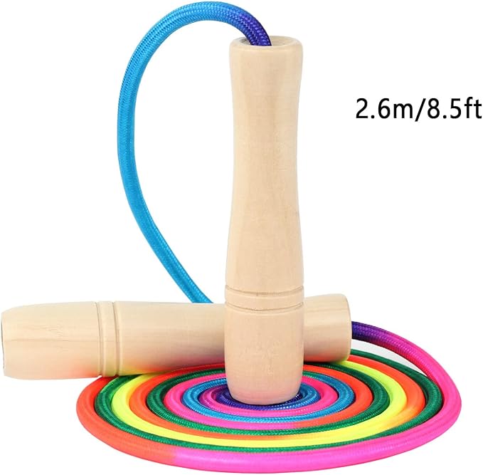 Jump Rope Kids, 8.5ft Adjustable Cotton Skipping Rope with Wooden Handle for Boys and Girls Fitness Outdoor Exercise (Rainbow color)