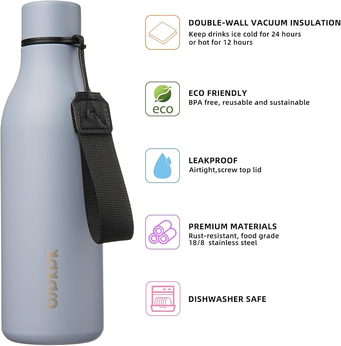 BJPKPK 18oz Insulated Water Bottle, Stainless Steel Bottle with Carry Strap | Keep Cold & Hot Vacuum Insulation, Leak-Proof BPA-Free Design, Slim Bottle Fits Most Cup Holders for Gym, Office & Travel