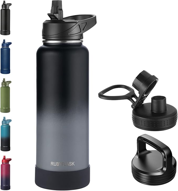 RUBYFLASK 40 oz Insulated Stainless Steel Water Bottle with Straw | 3 Lids, Wide Mouth, Metal Vacuum Leakproof Water Jug Flask and Handle, Large Thermal Cup with Silicone Boot, Blackgrey