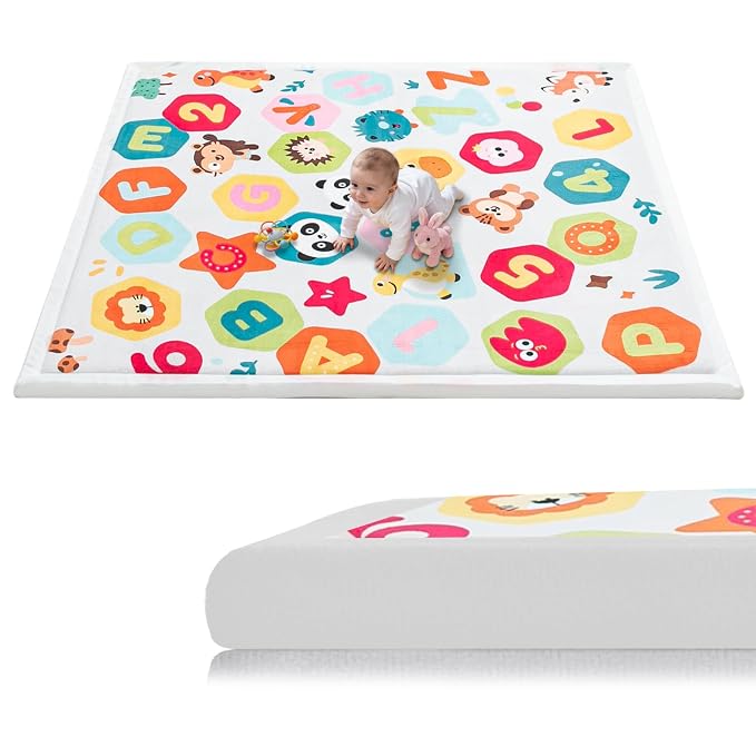 Baby Play Mat for Floor, 71'' x 59'' Thicken Foam Soft Padded Playmat for Tummy Time, Playpen Mat for Toddlers Infant Kids, Water-Repellent Coral Velvet, Non-Slip Bottom Safe for Crawling (Animal)