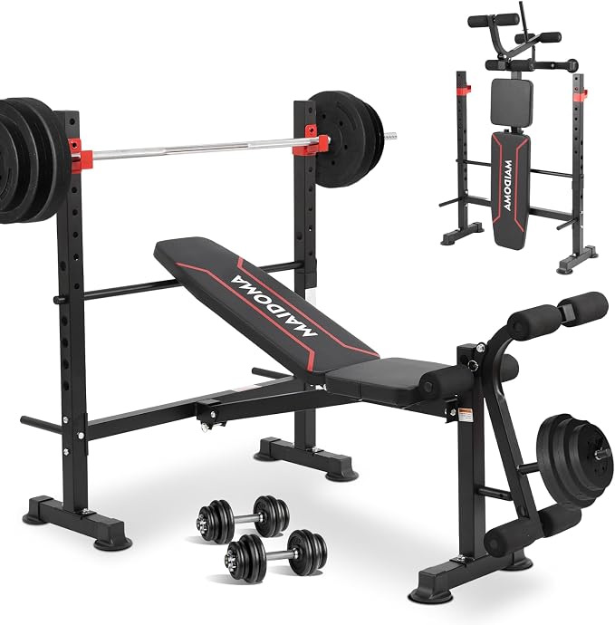 MAIDOMA 8 IN 1 Standard Weight Bench Set with Leg Extension and Leg Curl, Fast Folding & Adjustable Workout Bench for Home Gym,Adjustable Bench Press with Squat Rack.（US Stock）
