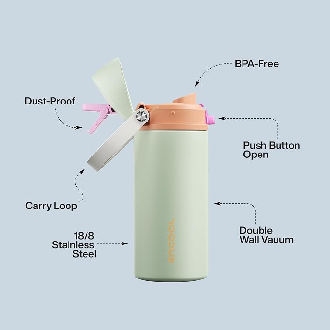 Insulated Water Bottle with Straw - Encool Stainless Steel Water Bottle with Push Button Lid, Leak-Proof & BPA-Free, Keeps Cold for 24 Hours for Sports, Travel, Gym (18 oz, Geyser Green)