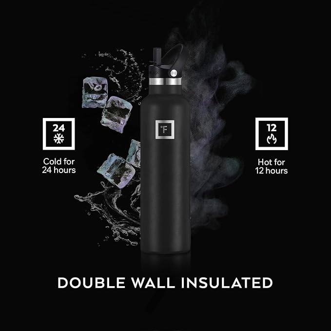IRON °FLASK 24 oz Narrow Mouth Water Bottle with Straw | Insulated Stainless Steel Sports Water Bottle with Leakproof Straw Lid - BPA Free, Cold 24 Hrs, Sweat Free (Midnight Black)