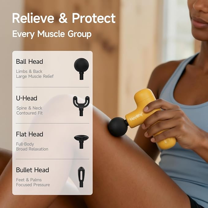 HEYCHY Super Mini Massage Gun Deep Tissue, Handheld Muscle Massager with 4 Heads, Percussion Travel Size Massager Gun FSA Eligible for Men Women Back Relief, Quiet for Home, Gym, Office, HSA, Yellow