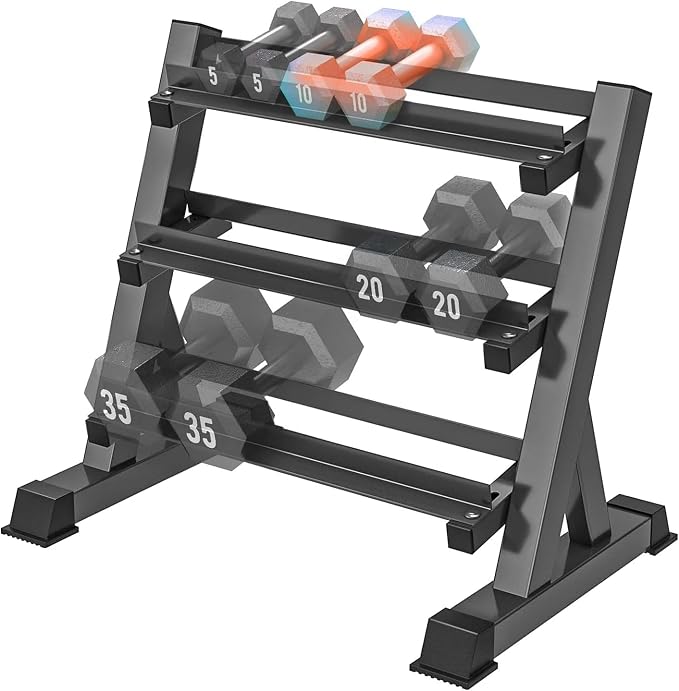 YOLEO Dumbbell Rack Stand Only, 1100LBS Heavy Duty Weight Rack for Home Gym, Adjustable 3-Tier Weight Storage Rack for Dumbbells, Barbells, Kettlebells & Weight Plates, Compact Workout Equipment Organizer