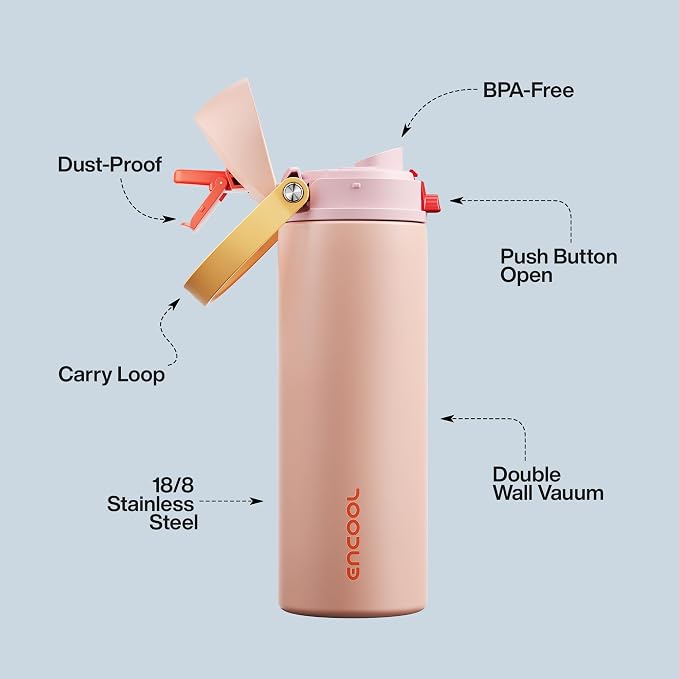 Insulated Water Bottle with Straw - Encool Stainless Steel Water Bottle with Push Button Lid, Leak-Proof & BPA-Free, Keeps Cold for 24 Hours for Sports, Travel, Gym (24 oz, Pink Daisy-Red)