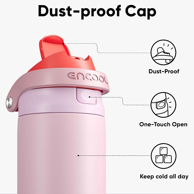 ENCOOL Leakproof Insulated Water Bottle with Straw Dual-Sip Water Bottle Bag-Safe Design for Work, Commute & Gym – Keeps Drinks Cold All Day, 32 oz, Lychee Pink