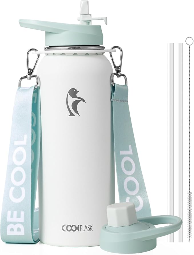 Coolflask 40 oz Water Bottle Insulated Stainless Steel with Strap | Metal Water Flask with Straw & Spout Lids, Triple-Wall, Cold 48+h, Dishwasher Safe, Leakproof, BPA-Free, for Gym & Hiking