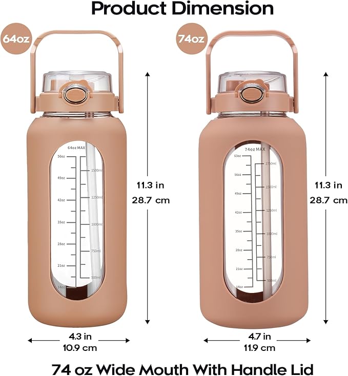 chunmo 74 oz Glass Water Bolttles with Straw Large Motivational Water Bottle with Time Marker Sports Water Bottles with Silicone Sleeve and Handle Lid 2.2L Water Jug for Gym Workout